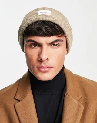 Jack & Jones oversized beanie with badge logo in brown