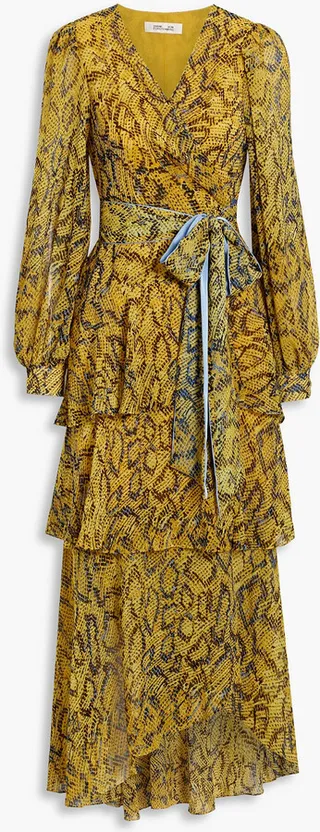 Silvia tiered printed chiffon midi wrap dress