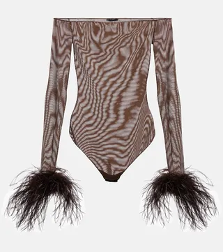 Feather-trimmed mesh bodysuit