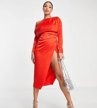 ASOS DESIGN Tall off shoulder satin midi dress with tuck detail bodice in red