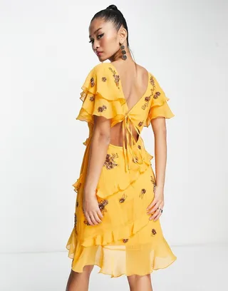 ASOS DESIGN ruffle detail short sleeve embellished mini dress