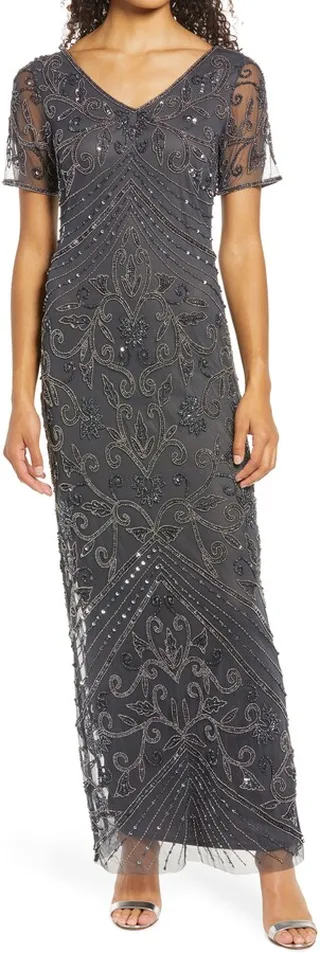Beaded Mesh Gown
