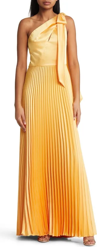 Pleated One-Shoulder Satin Gown