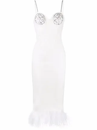 Feather-Trim Denim Midi Dress
