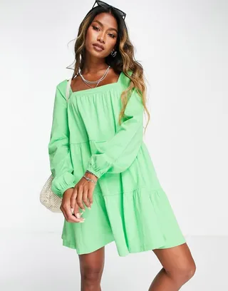 ASOS DESIGN tiered square neck smock mini dress in bright green