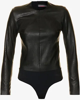 Womens Black Round-neck Long-sleeved Faux-leather Body