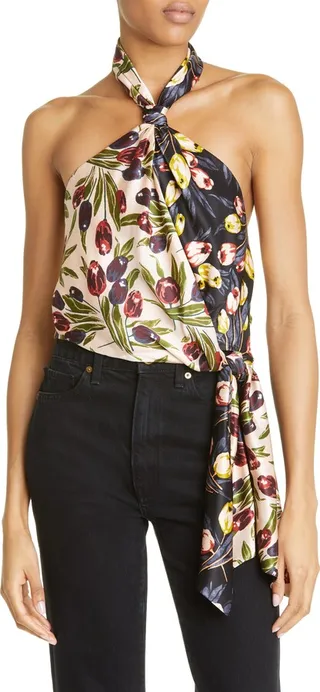 Clarke Blocked Floral Silk Halter Top