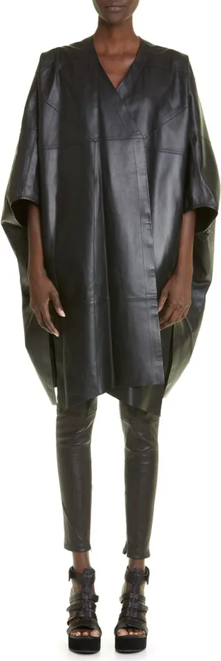 Cape Sleeve Lambskin Leather Peacoat