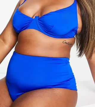 ASOS DESIGN Curve high waist bikini bottom in cobalt blue