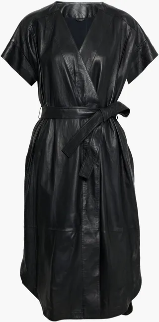 Belted pleated leather wrap dress