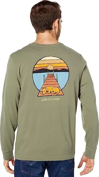 Life is Good Dock Dog Sunset Long Sleeve Crusher Tee (Moss Green) Men's Clothing