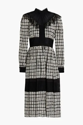 Lace-paneled printed silk crepe de chine midi dress
