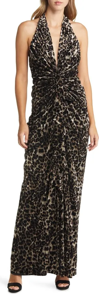 Gathered Halter Animal Print Gown