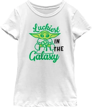 Girl's Star Wars: The Mandalorian St. Patrick's Day Grogu Luckiest in the Galaxy T-Shirt - White - Medium