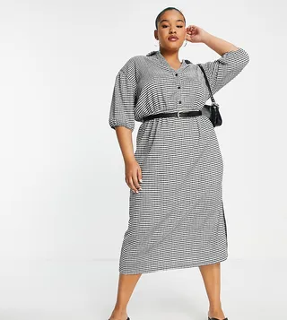 ASOS DESIGN Curve short sleeve shirt midi dress with belt in mono check