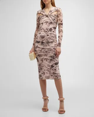 Slim-Fit Tattoo-Print Midi Dress