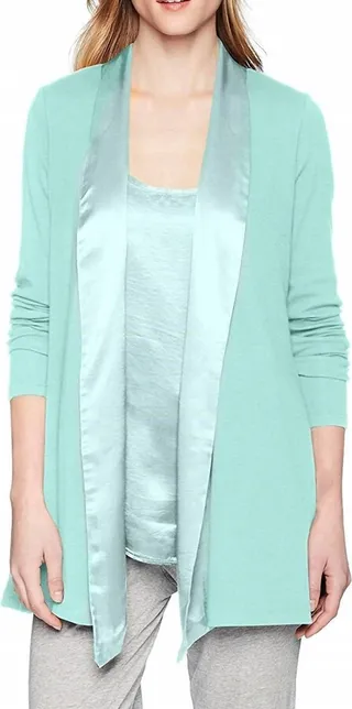Shelby Satin Trimmed Robe With Pockets in Aqua