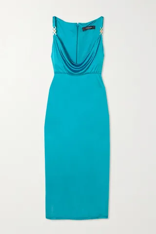 Versace - Embellished Draped Metallic Jersey Dress - Blue