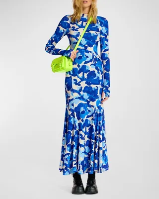 Dieval Long Floral-Print Mock-Neck Jersey Dress