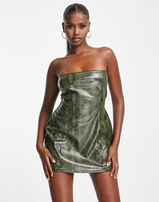 I Saw It First leather look bandeau mini dress in khaki snake