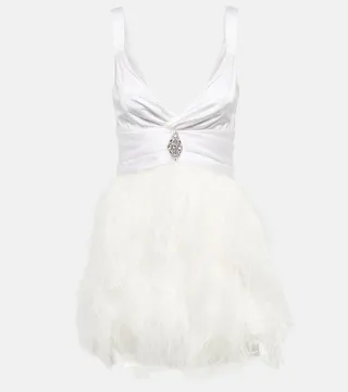 Feather-trimmed embellished silk minidress