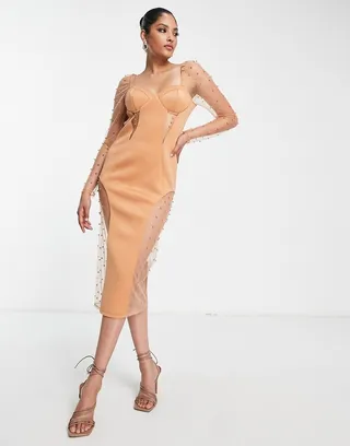 ASOS DESIGN glitter insert pearl mesh midi pencil dress in camel