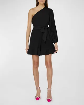 Linden Pleated One-Shoulder Flounce Mini Dress