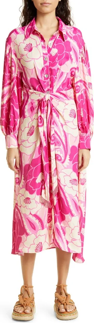 Tropical Groove Floral Long Sleeve Midi Shirtdress