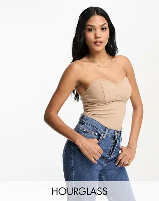 ASOS DESIGN Hourglass long line chunky rib bandeau top with bust seam detail in camel