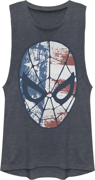 Junior's Marvel Fourth of July Spider-Man American Flag Mask Festival Muscle Tee - Denim Blue Heather - Medium