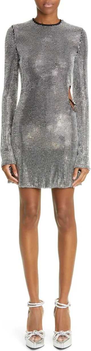 Cutout Long Sleeve Crystal Mesh Minidress