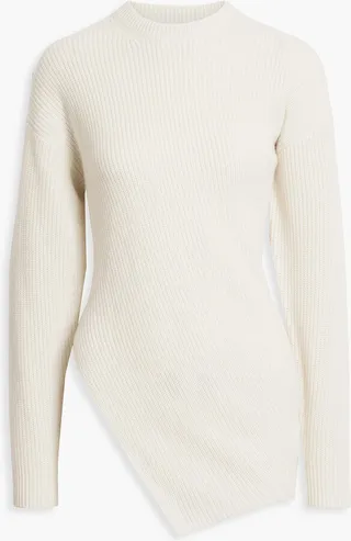 Asymmetric ribbed cashmere and linen-blend sweater