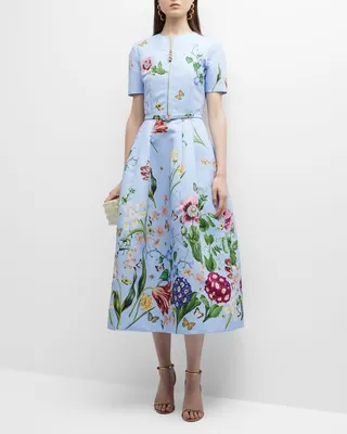 Multi Floral-Print Zip-Front Faille Midi Dress with Belt