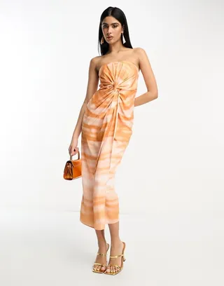 ASOS DESIGN satin bandeau twist front midi dress in watercolor print
