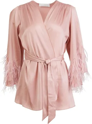 Pink Feather-Trimmed Silk Robe