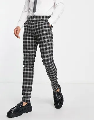 ASOS DESIGN skinny suit pants in black and beige check