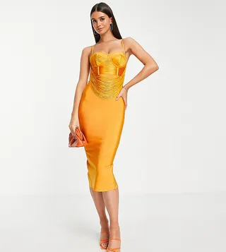ASOS DESIGN Tall cupped bandage fringe cami midi dress in mustard