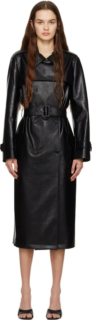 DRAE Black Layered-Wing Faux-Leather Trench Coat