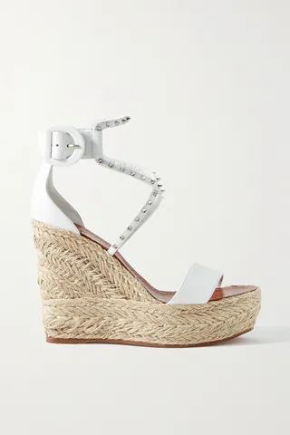 Christian Louboutin - Chocazeppa 120 Studded Leather Espadrille Wedge Sandals - White