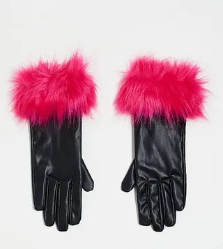 ASYOU PU gloves with pink faux fur trim in black