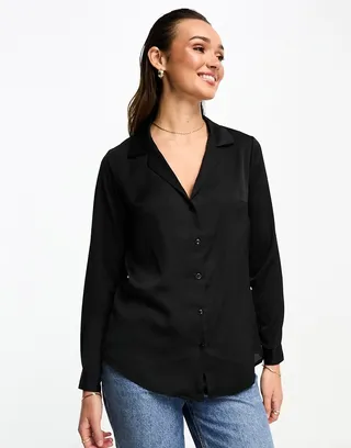 ASOS DESIGN relaxed satin long sleeve shirt in black