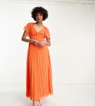 ASOS DESIGN Tall tie front angel sleeve textured midi dress in hot coral
