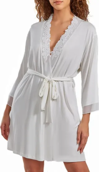 iCollection Women's Cyrus Lace Robe with Mesh Trimmed Sleeves and Self Tie with Sash