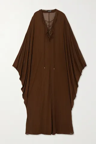 TOM FORD - Ruffled Lace-up Chiffon Gown - Brown