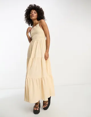 ASOS DESIGN square neck shirred maxi sundress in oatmeal