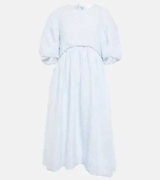 Puff-sleeve cotton-blend midi dress