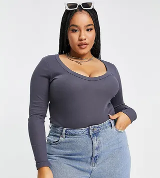 ASOS DESIGN Curve long sleeve bodysuit with scoop neck and chunky trims in elephant gray