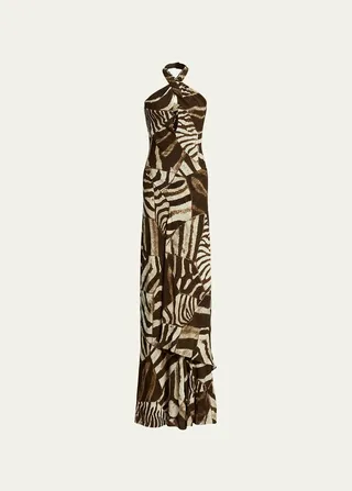 Niccola Animal-Print Crossover Halter Gown