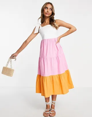 Influence tie shoulder tiered midi dress in color block