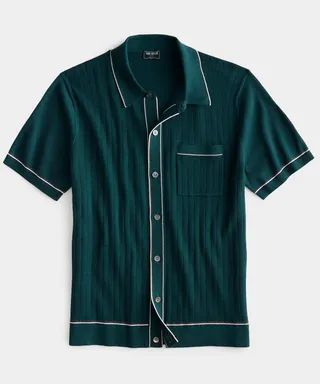Cotton Silk Short Sleeve Full Placket Riviera Polo in Bottle Green